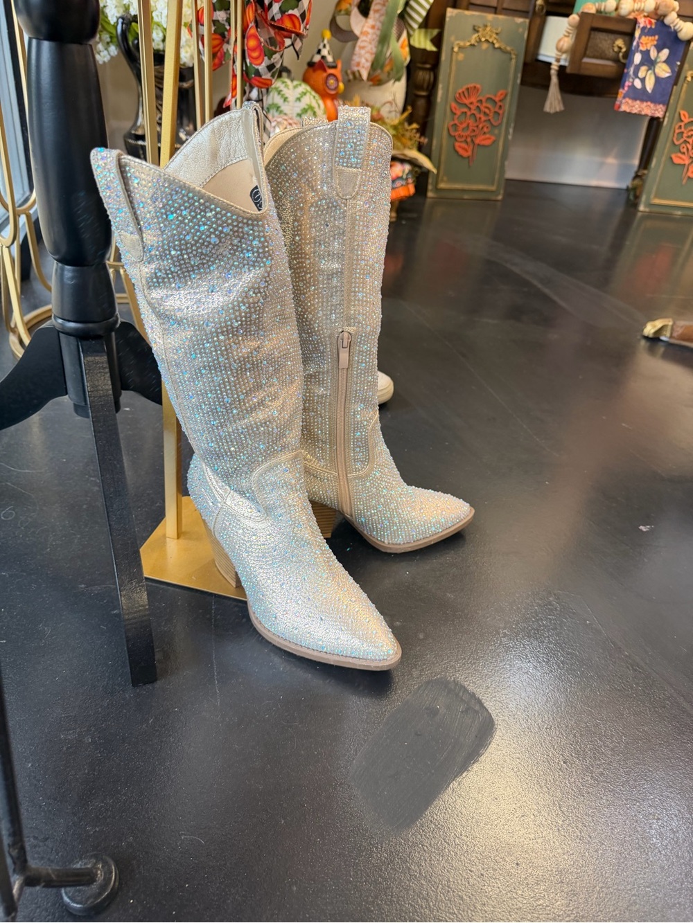 Embellished Cream Western Knee-High Boots
